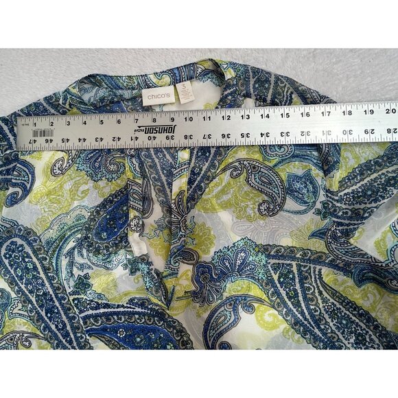 Chico's Womens Long Sleeve V-Neck Paisley Tunic Top Size 3 Blue/Yellow Chiffon - Picture 6 of 8